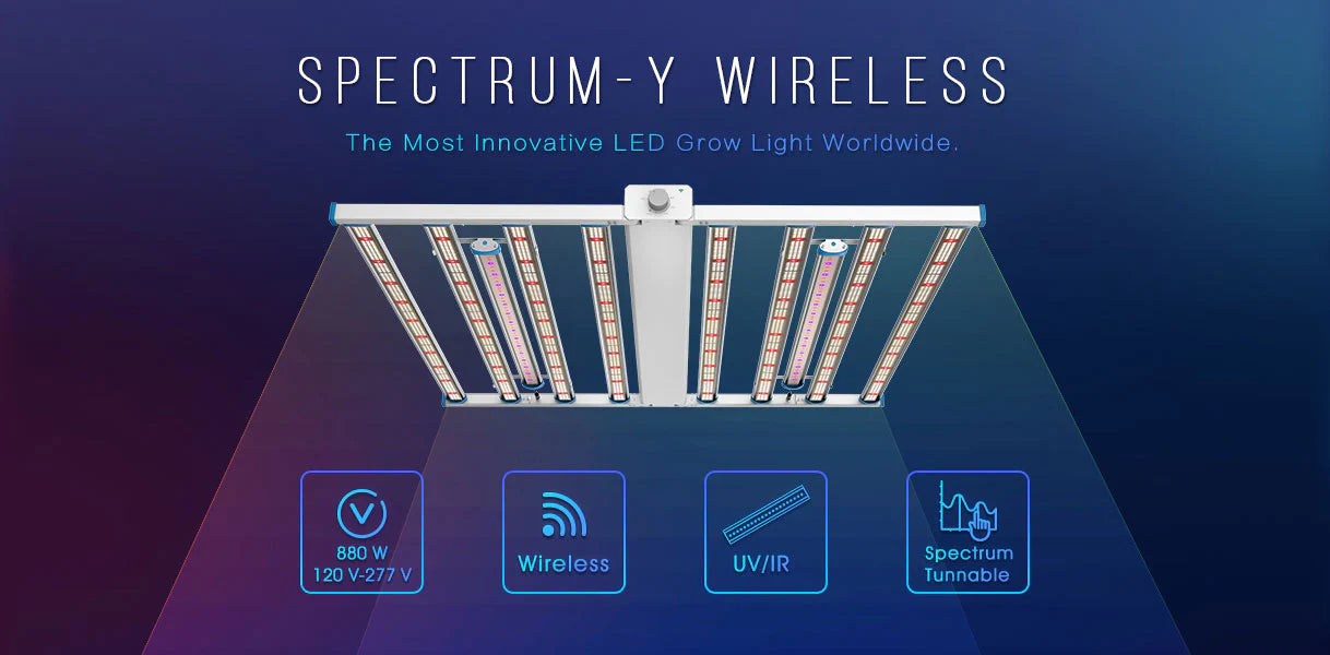 Medic Grow Spectrum Y Wireless LED Grow Light - High PPFD, Covers 4x4 5x5, Wireless & Wired Connection, Stepless Wireless / 0-10V Dimming, Tunable Full Spectrum, UV+IR Bar, 880W